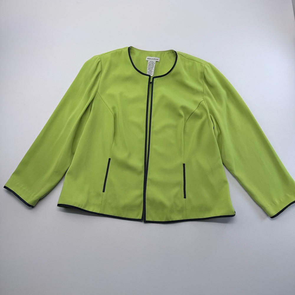 Jessica London Lime Green Open Front Blazer Black Trim Plus Size 20W